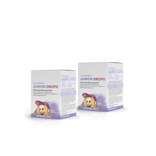 Lactobact JUNIOR DROPS, 2 x 60 Stk. Sparset – Bakterienkultur-Komplex mit 7 altersgerecht abgestimmten, biologisch aktiven Bakterienstämmen + Vitamin C & D3 und Xylit. Ab 3 Jahren