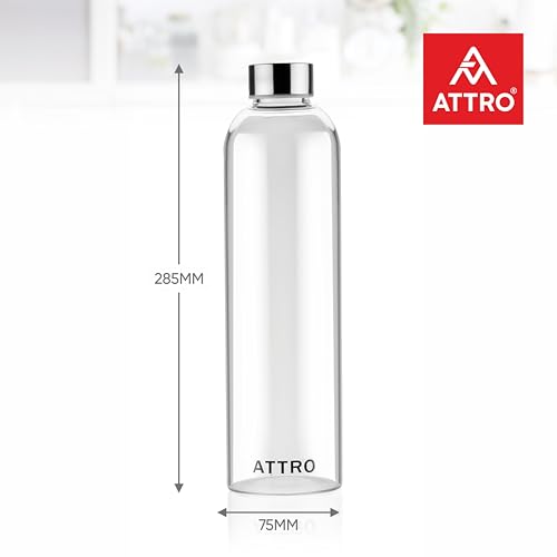 Image of ATTRO Glassox Cleara High Borosilicate Screw Glass Bottle with Stainless Steel Lid Leakproof - Ideal for Office, Travel, Home, Outdoor & Daily Use - Transparent - 1000ml-Set Of 2
