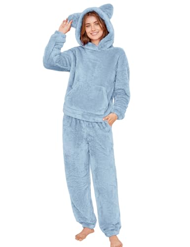 COZYPOIN Women's Fuzzy Pajamas Sets Hooded Bear Ear Fluffy Fleece Loungewear Sleep Pullover Top Pants 2 Piece Outfits Pockets(Blue-M)