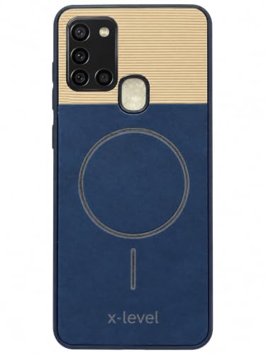 Image of Bintage Dual-Leather Mac Safe Design Phone Case| Soft Touch Finish | Full Camera Protectection Back Cover Compatible for Samsung A21s 4G / SM-A217F - Blue & White