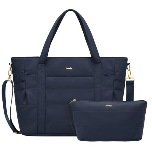 Coolife Puffy Tote Bag for Women - Quilted Puffer Travel Work Gym Carry On Shoulder Bag Navy Medium