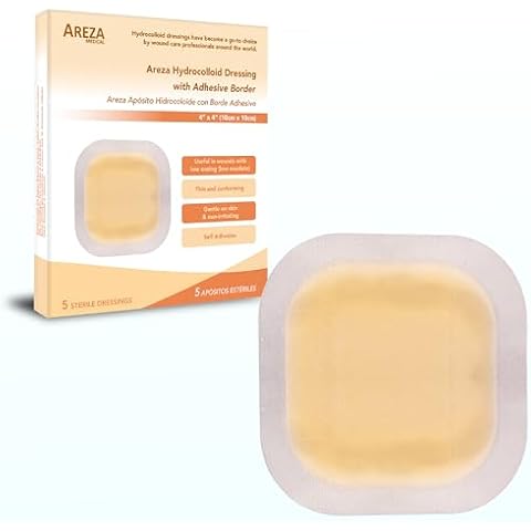 Areza Hydrocolloid Wound Dressing with Border - Thin Hydrocolloid - Waterproof - 4" x 4" - Sterile - 5/Box - FSA/HSA Approved Cover