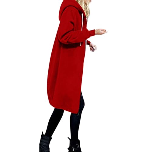 Shffuw Abrigo Impermeable Mujertraje Agua Hombre Chaqueta informal larga con capucha y cordón para mujer, chaqueta con cremallera sólida y bolsillos, abrigo con Chubasquero Poncho (Red, XXL)