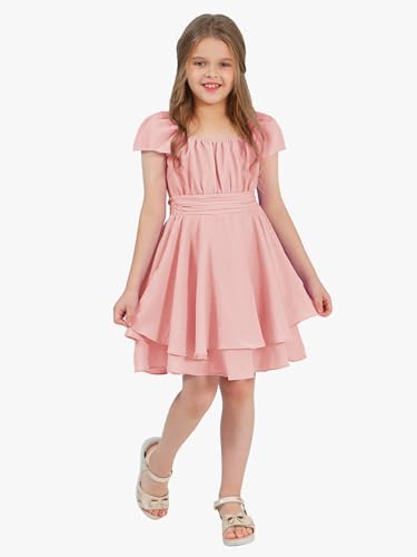 Exlura Casual Short Cap Sleeve Girls Tie Back A Line Ruffle Hem Junior Teenage Kids Short Mini Dress Size 6-15 Years Pink thumb #2