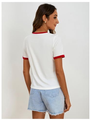 Women's Cherry Embroidery Print Shirt Contrast Color Neck Tee Short Sleeve Graphic Casual T Shirt Summer Tee Tops2