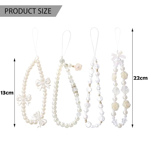 4 pcs Phone Charm, Beaded Phone Bracelet Strap, White Pearl Bow Cell Phone Charms, Cute Phone Charm