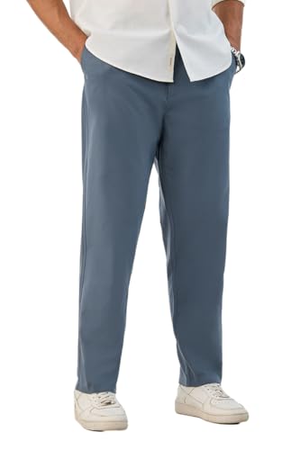 Image of SNITCH Men Casual Trousers| Baggy Fit Mid Rise Solid Plain Front Style | Breathable Cotton Blend & Lightweight Linen Fabric for Summer & Everyday Outings