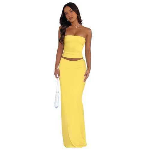 Image of Goafuliy 2 Piece Skirt Sets for Women Summer, Floral Sleeveless Tube Top Bodycon Maxi Skirts Y2k Vacation Going Out Outfits