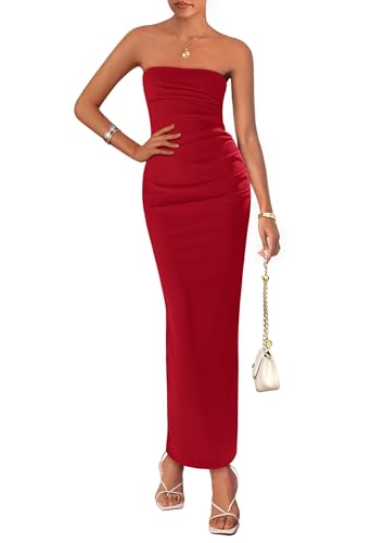 Image of PRETTYGARDEN Women's Summer 2025 Semi Formal Cocktail Dresses Strapless Tube Bodycon Ruched Evening Wedding Guest Maxi Dress