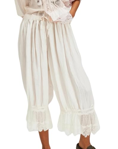 UAURORAO Women Lace Trim Long Bloomers Elastic Mid Rise Ruffle Pantaloons Cropped Flared Slips Pants Pajama Bottoms(White,S)