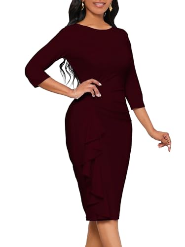 Image of Church Dresses for Women 3 /4 Sleeve Ruffle Vintage Bodycon Cocktail Work Midi Pencil Dress