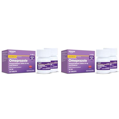 Image of Amazon Basic Care Omeprazole Delayed Release Tablets 20 mg, Acid Reducer, Heartburn Medicine, 14-Day Course of Treatment, 28 Count (Packaging May Vary) (Pack of 2)