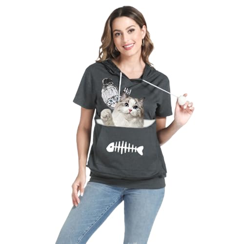 PINANSILA Women Thin Hoodie with Pet Pouch Small Cat Dog Carrier Sweatshirt Short Sleeve Shirts Dark Grey