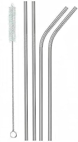 Metal Straw Stainless Steel Straws Drinking Reusable Straws 4 Set with 8.5" Ultra Long Stainless Steel Colour-Cleaning Brush (2 Straight|2 Bent|1 Brush)