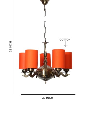 Image of Devansh 05 Lights Orange Round Cotton Shade with Antique Golden Chandelier