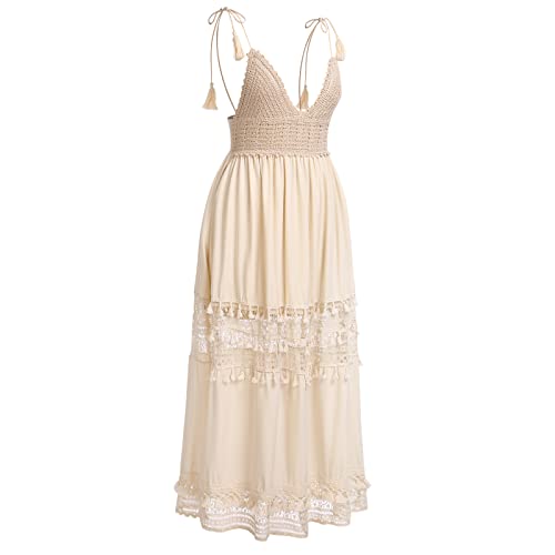Image of ABOCIW Women's Boho Maxi Dress Lace Up Tassel V-Neck Flare Ruffle Fringed Beach Summer Dresses