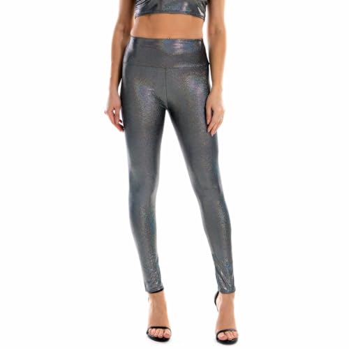 NewL Legging holographique métallique Brillant pour Femme - Taille Haute - Élastique - Pantalon Skinny - Long Legging Gothique, Noir, XL Slim