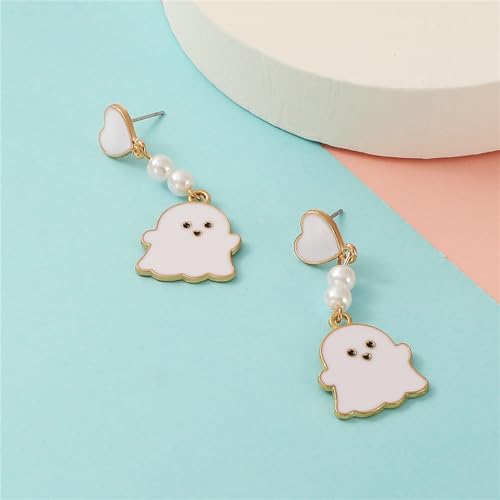coadipress Halloween Earrings for Women Cute Funny White Blue Pink Ghost Love Heart Pearl Dangle Drop Earrings Creative Halloween Party Cosplay Costume Jewelry Gifts4