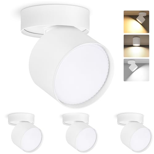 GeyouLux Foco LED Techo Superficie - 3CCT Foco LED Interior Techo 7W 800LM - Bombilla LED GX53 Incluido - Giratorio 350°+90° - 3000K/4500K/6500K - Aluminio Plafon Techo Blanco 4 piezas