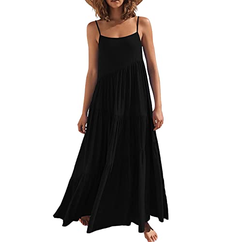 GRECERELLE Women's Summer Tiered Maxi Dress Elegant - Lightweight, Flowy, and Perfect for Beach Vacations (Black, S)