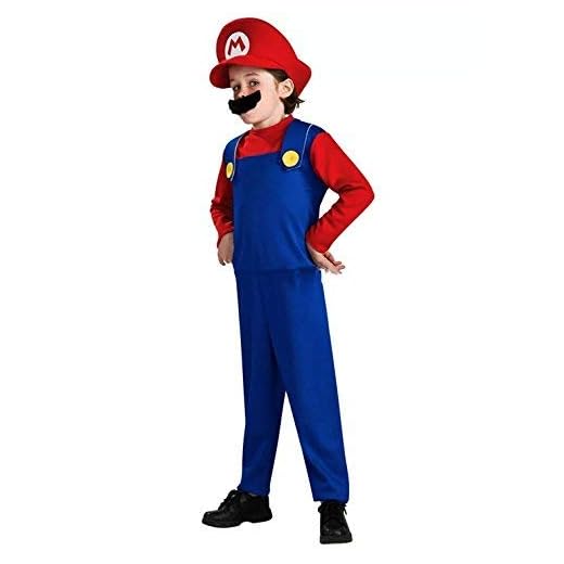 thematys® - Super Mario-dräkt och Luigi för barn | Barndomshjälts-dräkt inkl. mössa (utan M) + byxor + skägg – perfekt för karneval, karneval och cosplay (S, 110–120 cm kroppsstorlek)