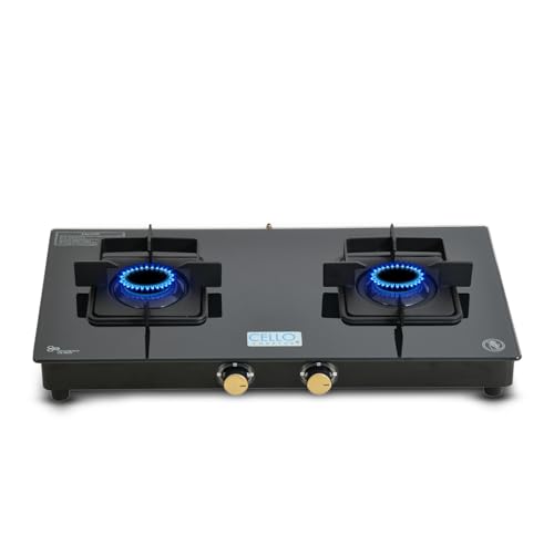 Image of Cello Black Pearl 2 Burner Toughened Glass Top Gas Stove, Brass Burners, Black Finish Brass Manual Gas Stove, 1 Year Warranty (2 Burner)