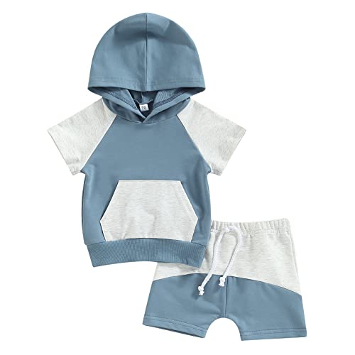 Image of Toddler Boys Summer 2pcs Clothes Sets Hooded Tank Top Striped Shorts Cute Newborn Baby Boy Coming Home Outfit