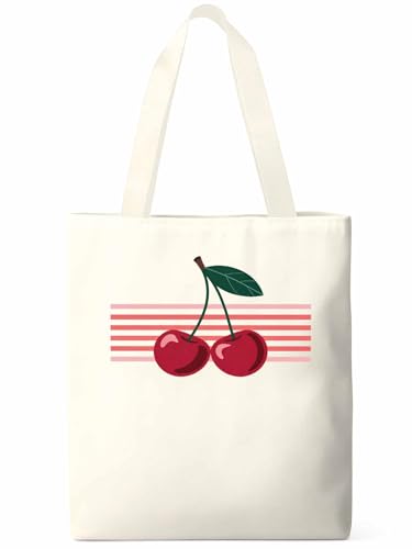 Canvas Tote Bag Red Cherry with Stripes Reusable Grocery Shopping Bag,Shoulder Tote Bags for Women Vacation Travel Work Gym