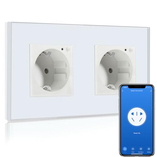 BSEED Wifi Smart Steckdose,arbeitet mit Amazon Alexa,Google Home,Timing-Funktion und APP-Steuerung,2 Fach Schuko Steckdose Weiß,Unterputz Glas Intelligente Wandsteckdose-auf NUR 2.4 GHz Netzwerk