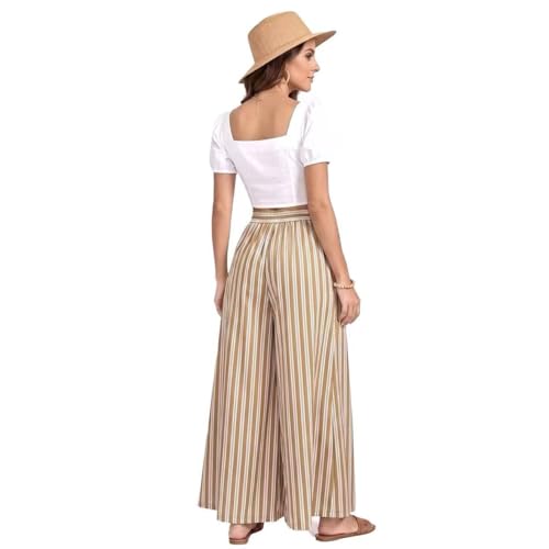 QIBISTO Women's Clothing Vacation Outfits Wide Leg Palazzo Pants Summer Striped Flowy Pants with Pockets Casual Beach Pants (US, Alpha, Large, Regular, Regular, Khaki) — view 3