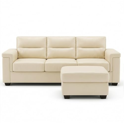 Image of FURNY Parker 3 Seater Sofa Set with Ottoman | Premium Suede Velvet Fabric Finish | Durable Comfort Sofa for Modern Living Room & Office Spaces (Cream Leatherette)