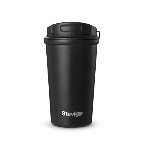 Image of 4 Work Flip Open Coffee Mug | 13 oz | Transparent Lid Design | Double Wall Vacuum Travel Mug | Cup Holder Friendly | Non-Slip Base | Compatible with Lanyard Loop - Black ST-250