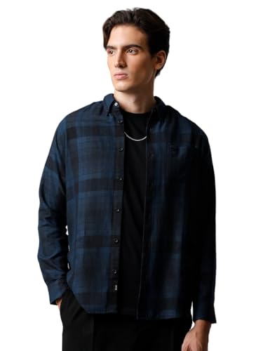 Image of Men Navy Blue Checked Slim Fit Cotton Casual Shirt