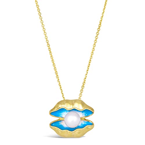 LE VIAN Fresh Water Pearl and Enamel Open Oyster Pendant Necklace for Women in 14k Yellow Gold on Adjustable Chain with Lobster Claw Clasp
