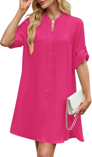 Image of PerZeal Womens Sexy V Neck Button Down Shirt Dresses Summer Short Sleeve Casual Loose Blouses & Button-Down Shifts Cover Ups