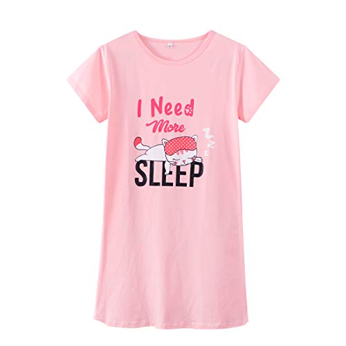 CYCHELRY Teen Girls Nightgowns-Loose Short Sleeve Sleepwear Cute Bear Nightdress Tween Pajamas Size 12-16 (14, Pink(Cat))