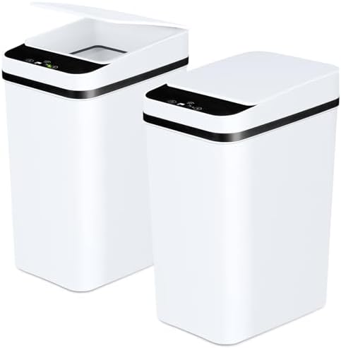Bathroom Trash Cans with Lid 2 Pack 2.2 Gallon Touchless Automatic Motion Sensor Small Slim Garbage Can, Smart Electric Narrow Garbage Bin for Bedroom Office Kitchen (White)