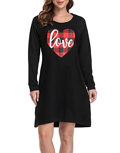 Hde Womens Sleepwear Cotton Nightgowns Long Sleeve Sleepshirt Print Night Shirt (Buffalo Plaid Heart, 2Xl/3Xl) #TOP3
