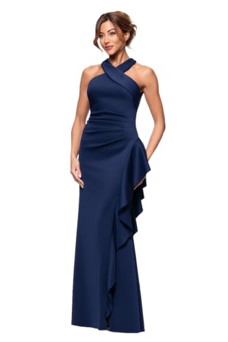 Image of Xscape Evenings Women's Long, Bodycon Low-Sheen Cross Front Halter Neck Evening Dress with Ruching & Ruffle Detail