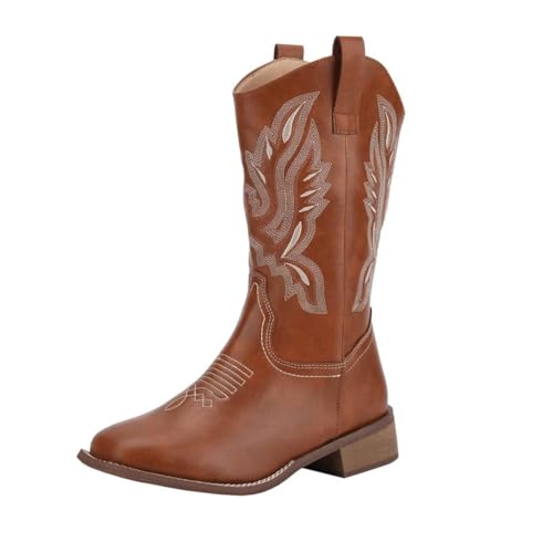 Women's Western Cowgirl Cowboy Boots Square Toe Embroidered Mid Calf Boots