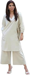 Femezone women cotton slub Co-ord Kurta and pant Set (FEM22230610-01-Vcord) XL (WHITE -XL) Price In India