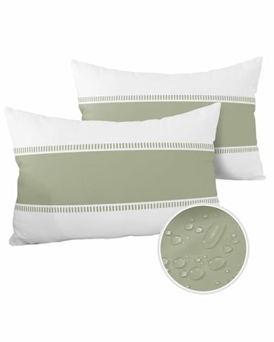 Edwiinsa Sage Green Stripes Outdoor Pillow Covers Waterproof, All Weather Cushion Case Set of 2, Geometric Pure Solid Color Lumbar Pillowcase for Sofa Couch Bed Decor Patio Furniture 20