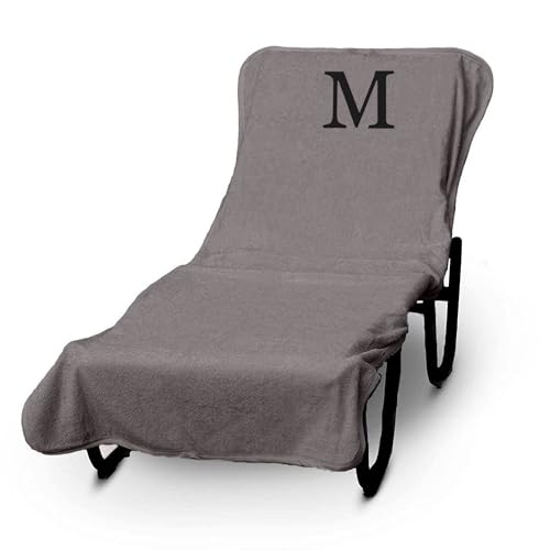 Luxury Hotel & Spa Monogrammed Pool Chaise Lounge Cover, Block Letter Embroidered - Extra Absorbent 100% Turkish Cotton- Soft Terry - Hotel-Style, Standard Size 90" X 29" - Gray - Black Letter M
