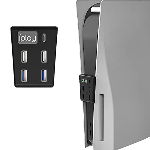 Megadream Hub USB pour PS5, Hub d'extension à 5 ports haute vitesse pour console PS5, adaptateur de répartiteur de charge, avec 2 ports USB 2.0 + 2 ports USB 3.0 + 1 données de charge de type C Cover