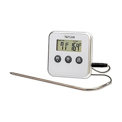 Taylor Programmable Instant Read Wired Probe Digital Meat Food Grill BBQ Cooking Kitchen Thermometer with Alarm, White