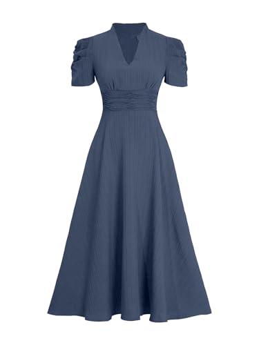 Image of Sugathari Women Women's V-Neck Maxi Dress, A-Line Style, Puff Sleeves, Cinched Waist 246