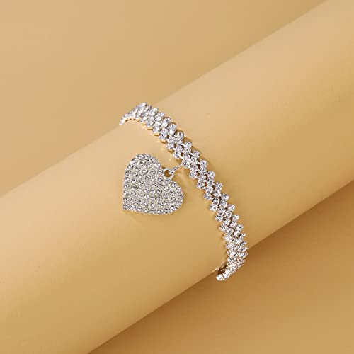 Image of Fesciory Heart Rhinestone Ankle Bracelets for Women, Adjustable Silver Plated Shiny Tennis Anklets, Twinkle Cubic Zircon Imitation Diamond Anklet Foot Chain Jewelry Gifts