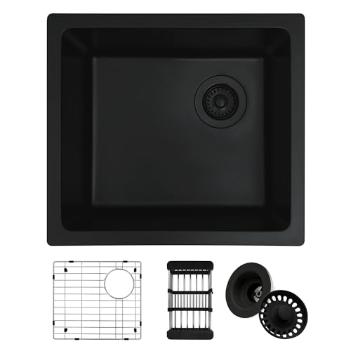 MONSINTA Black Bar Sink,Black Granite Composite Kitchen Sink With Accessories,19 Inch Undermount Quartz Stone Kitchen Sinks,19" x 17" x 9 Small Kitchen Sink with Offset Drain