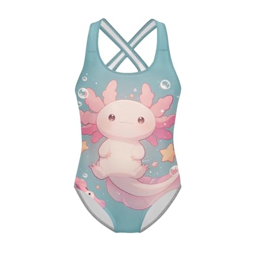 Image of Girls One Piece Swimsuit Axolotl Cross Back Straps Bathing Suit Lightweight Quick Dry Gymnastics Leotard
