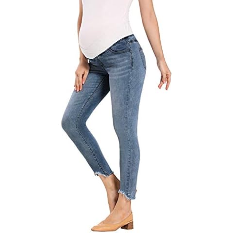 Foucome Women's Maternity Jeans Underbelly Skinny Jeggings Cute Distressed Jeans Comfy Stretch Pants, 63 - Dark Blue, S Cover
